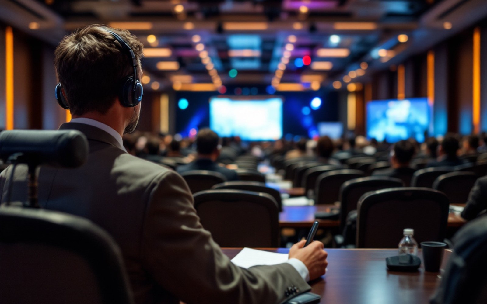 A conference floor with a delegate headset at every empty seat, seen down the rows