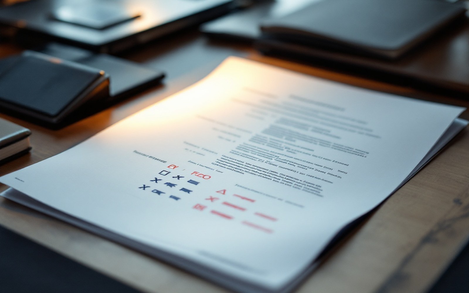 A printed proof marked up in two colours of ink with revision marks, on a desk