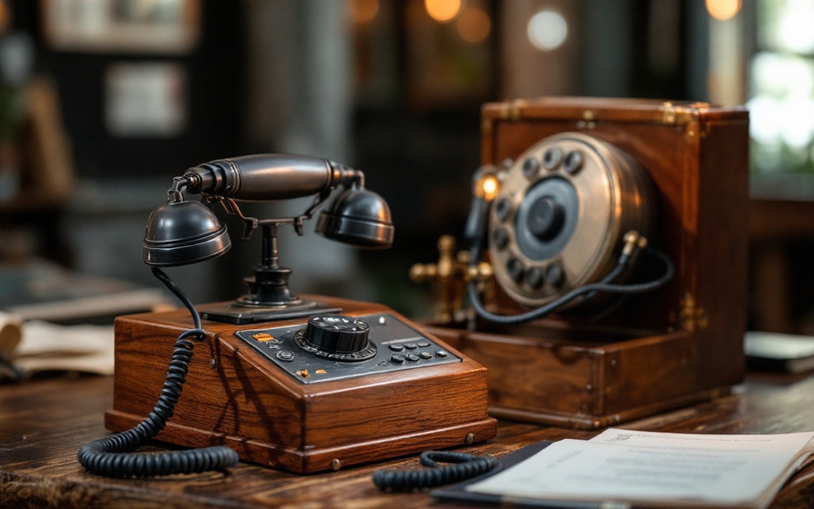 An early electrical headset and a wooden switching box on a table, museum lighting