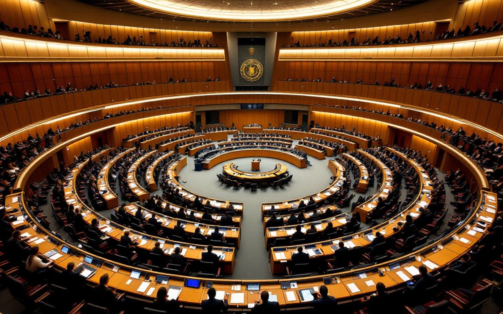 A large circular conference chamber with desks in tiers, empty
