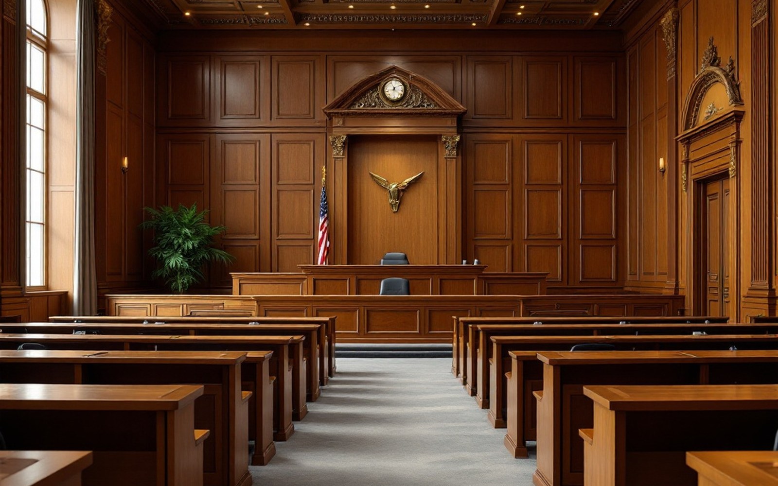 A formal court interior with a raised bench and empty seating, daylight