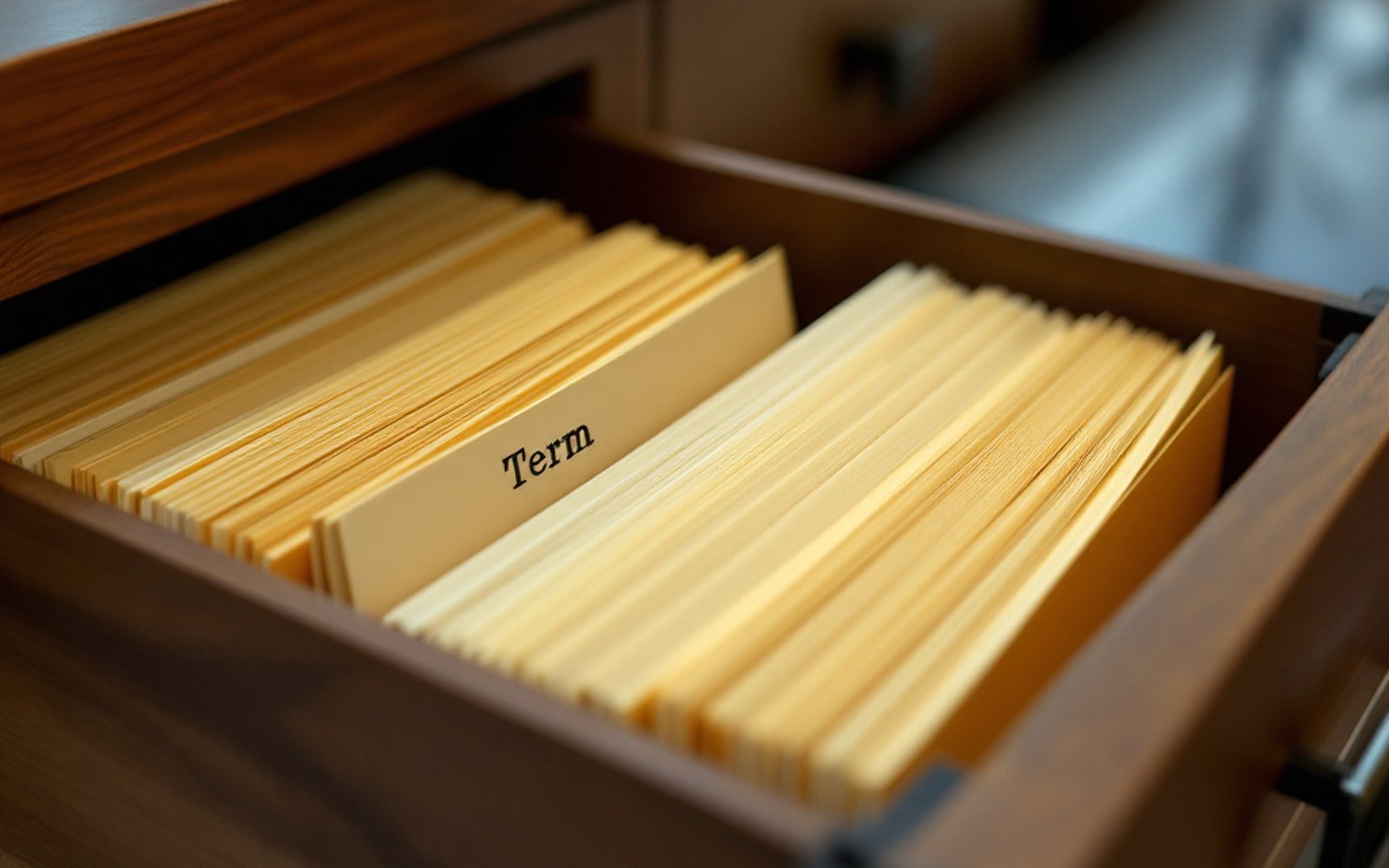 A card index drawer pulled open with typed term cards inside