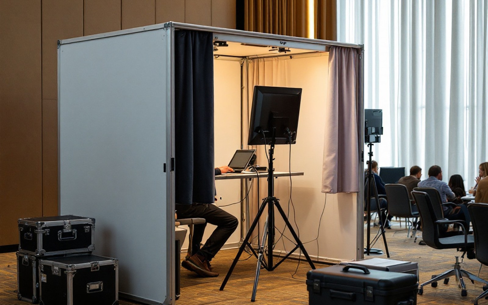 A portable interpreting booth assembled at the back of a hall, cases stacked beside it