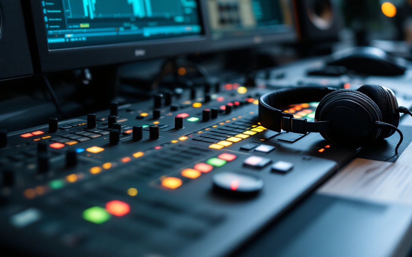 A console with several channel selector buttons and a headset resting beside it, close