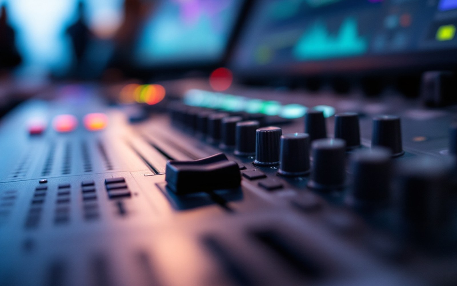 A close view of an audio console with channel faders and a headphone jack
