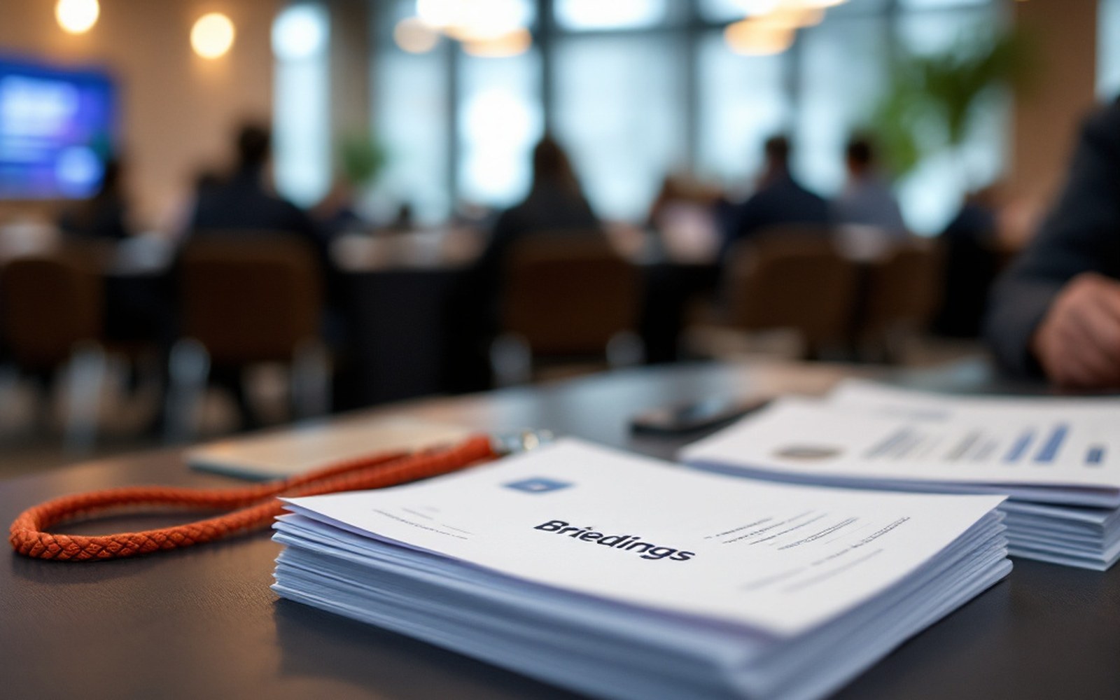 A stack of briefing documents and a lanyard on a table before a session
