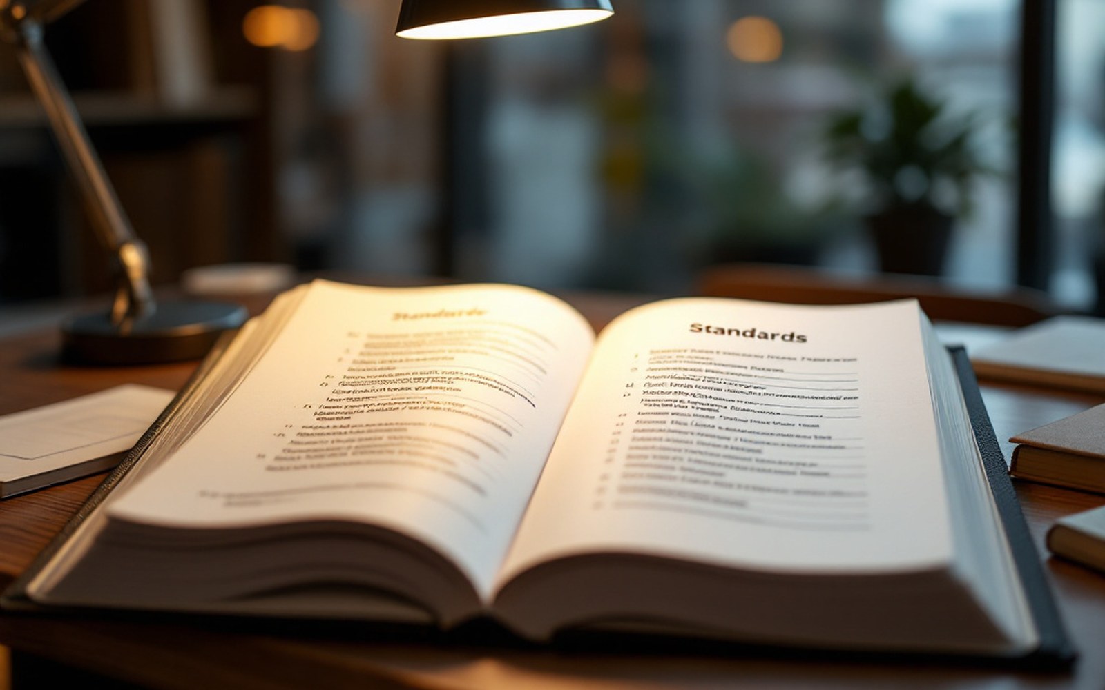 A bound standards document open at a clause list on a desk, lamp above