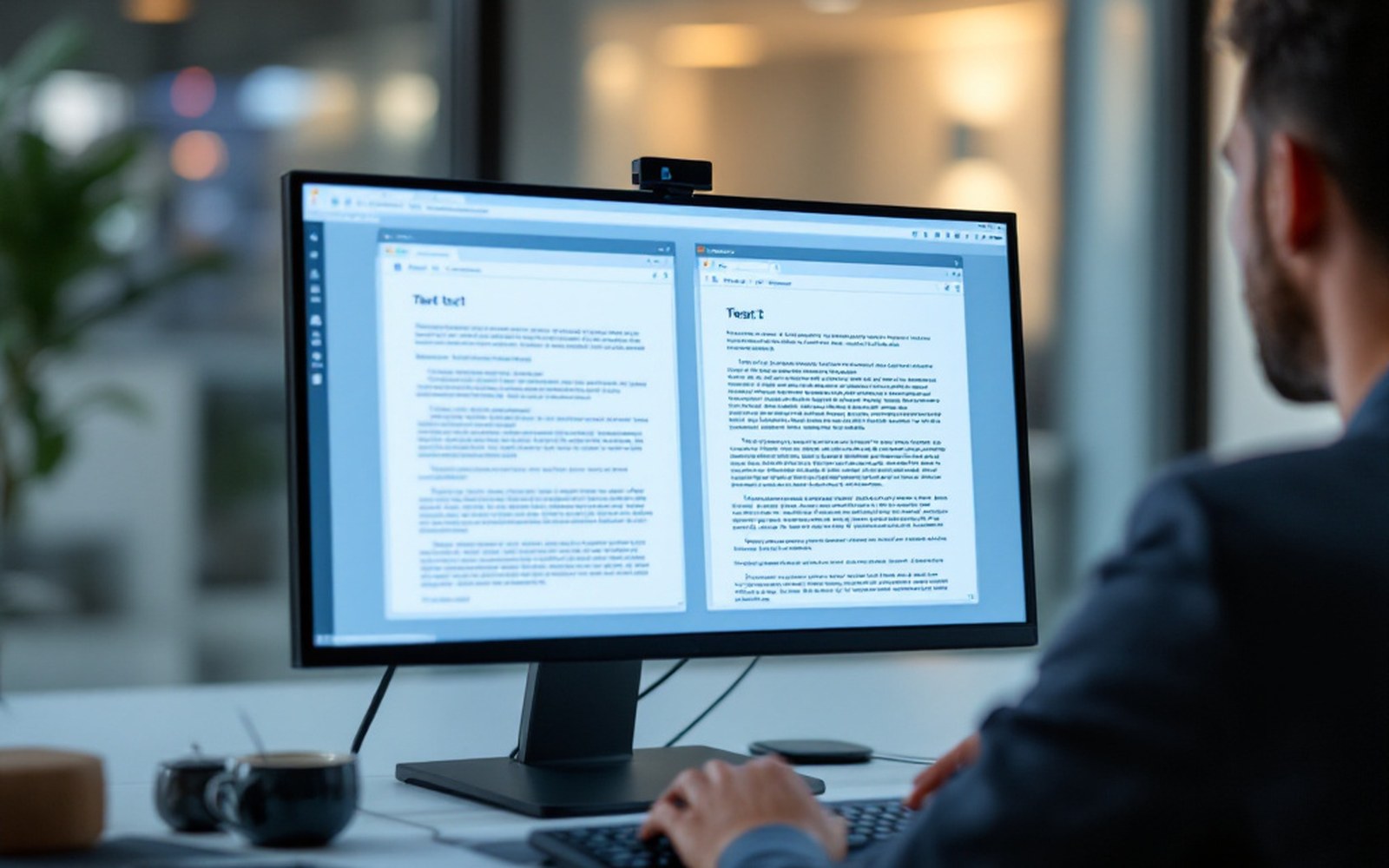 A screen showing two text panes side by side in a plain office, adult at the keyboard