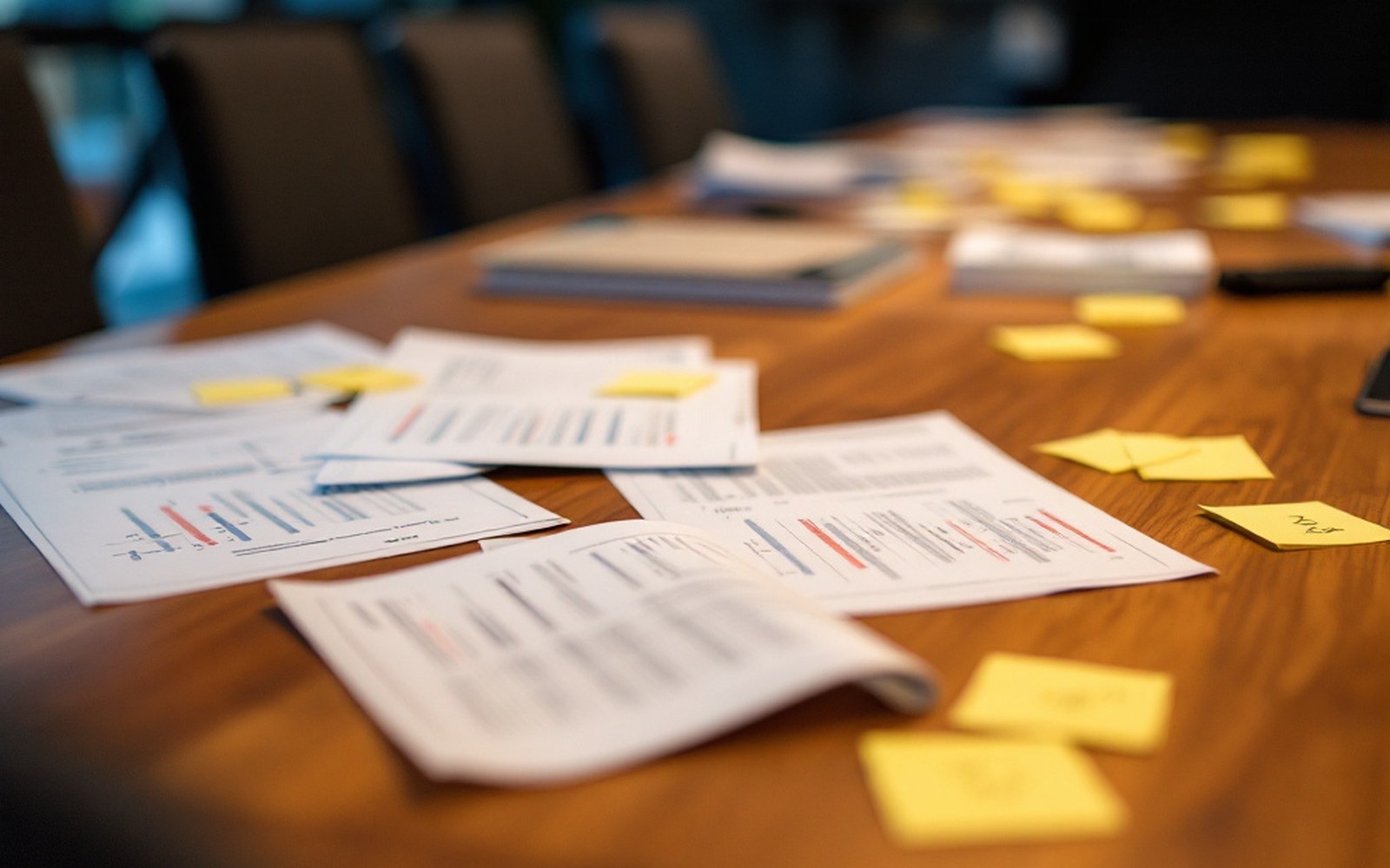 A meeting room table with printed glossaries and sticky notes across it