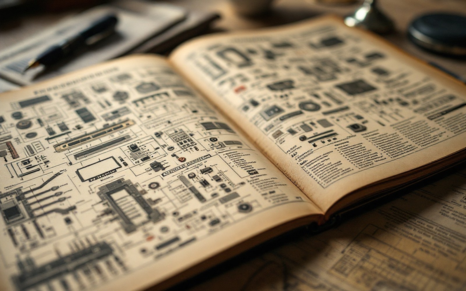 A 1930s engineering catalogue open at a page of labelled components